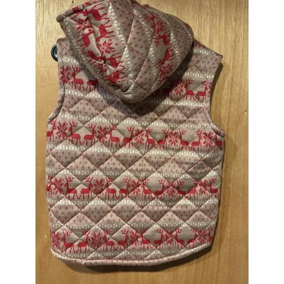 Free People Women Reindeer Hooded Quilted Red Beige Vest‎ Med Christmas - Picture 2 of 6